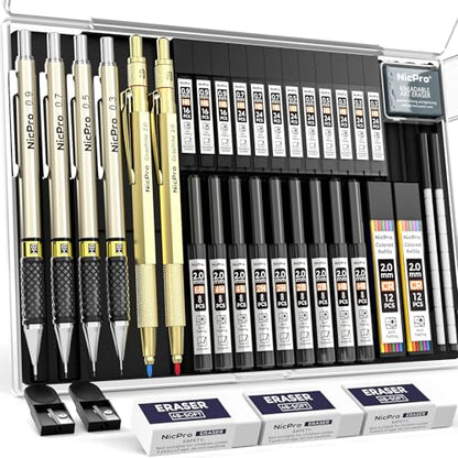 Nicpro 37PCS Gold Art Mechanical Pencil Set, 4PCS Metal Drafting Pencil 0.3/0.5/0.7/0.9 mm & 2PCS 2mm Lead Holder (6B 4B 2B HB 2H 4H) School Supplies for Sketching Drawing with 23 Tube Lead Refills - color: Gold, style: 0.3 0.5 0.7 0.9 2.0