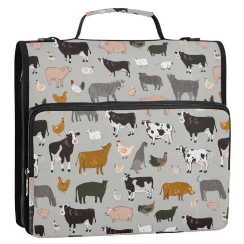 3 Ring Zipper Binder Farm Animals Set 500 Sheets Capacity Binder Organizer Bag with Shoulder Strap and Handle for School Office College Students - color: Farm Animals