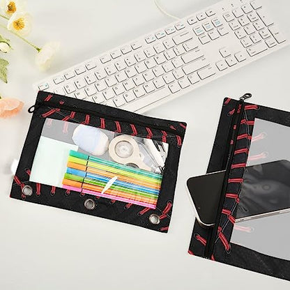 Kcldeci Pencil Pouch for 3 Ring Binder, Baseball Pattern Black 2 Pack Binder Pencil Pouch with Clear Window Pencil Bags with Zipper Pencil Case for Binder - color: A03