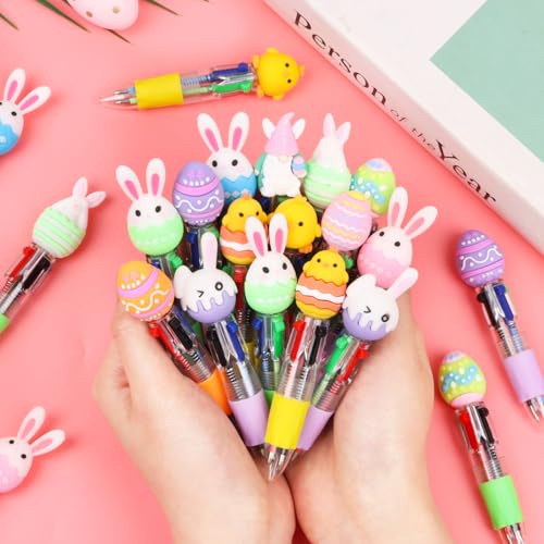 CCINEE 24pcs Easter Mini Multicolor Ballpoint Pen, Cute Easter Egg Bunny Retractable Writing Pen Bulk 4-in-1 Stationery Pens for Spring Gifts Classroom Prize Party Favor - color: White