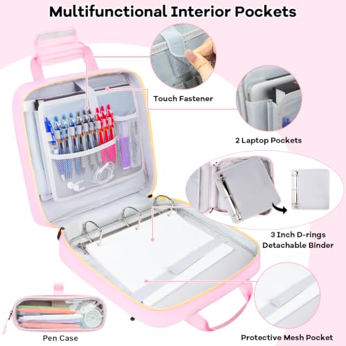 3 Inch D-Ring Zipper Binder Bag, 700 Sheet Capacity Multi-Pockets Organizer, 13 Inch Laptop Carrying Case with Bottle Holder& Shoulder Strap for School Office (Pink) - color: Vibrant Pink