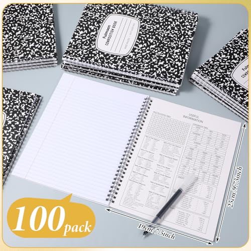 Fulmoon 100 Pack Bulk Spiral Composition Notebooks, Hard Cover, Wide Ruled Paper, 9-3/4 x 7-1/2 Inches, 60 Pages (30 Sheets), Black Marble Cover Composition Notebooks for School College Office - color: Black, size: Wide Ruled 7.5 x 9.75 Inches