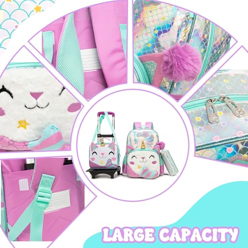 Meetbelify Girls Cute Backpack with Wheels for Elementary Students Kids Black Travel Luggage - color: Mermaid