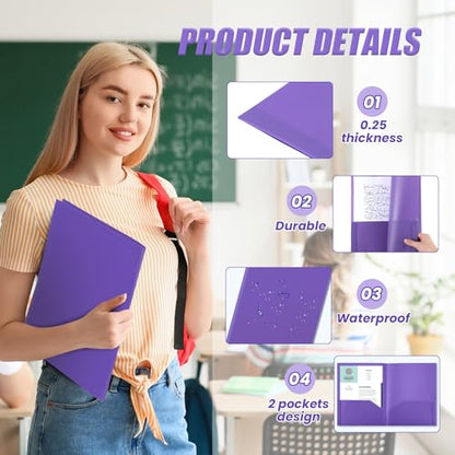 Gueevin 100 Pack Plastic Folder with Pockets, 2 Pocket Folders, Plastic Glossy Folders Fit Letter Size Paper, Heavy Duty Durable File Folder with Business Card for Home Office School (Purple) - color: Purple