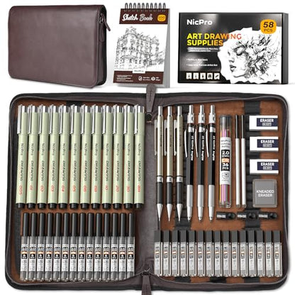 Nicpro 58 PCS Art Drawing Supplies Kit in Leather Case, Art Mechanical Pencil Set with Metal Drafting Pencil 0.3 & 0.5 & 0.7 & 0.9 & 2mm, 12 Micron Pen, Sketch Book, 30 Tube Lead Refills for Sketching