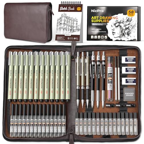 Nicpro 58 PCS Art Drawing Supplies Kit in Leather Case, Art Mechanical Pencil Set with Metal Drafting Pencil 0.3 & 0.5 & 0.7 & 0.9 & 2mm, 12 Micron Pen, Sketch Book, 30 Tube Lead Refills for Sketching