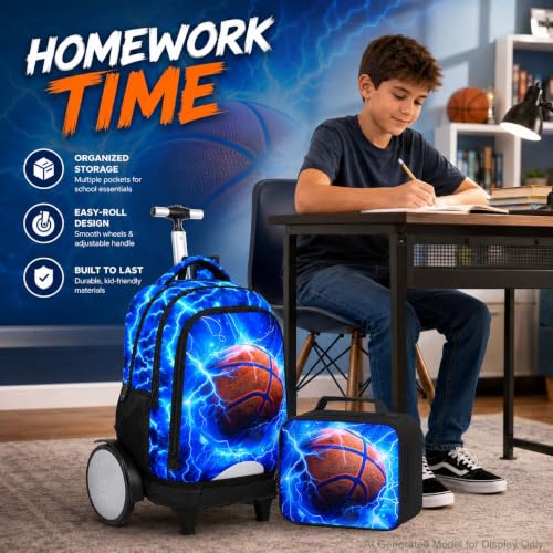 UFNDC Big Wheel Boys Backpack with Wheels, Water-Resistant Rolling School Bag with Lunch Box & Pencil Case, 3-Pack Kids Wheeled Bookbag Travel Set - Lightning Basketball - color: Rolling Backpack Lightning Basketball Blue