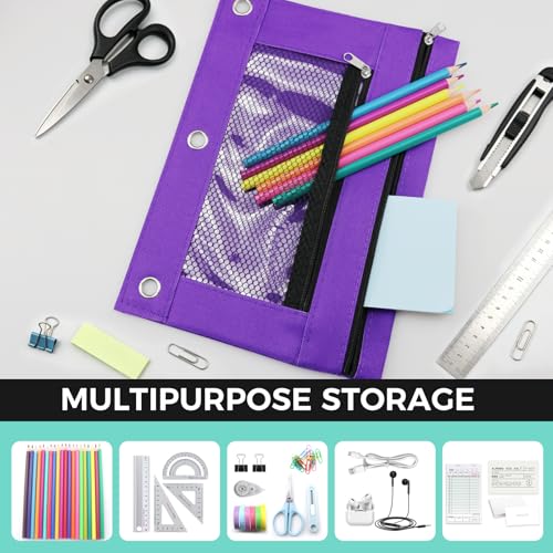 3 Ring Pencil Pouch for Binder, 2-Pocket Zipper Pencil Case with Clear Window & Mesh Pocket, Heavy Duty 600D Oxford Fabric Binder Pouch for School Office Supplies, Fits Standard 3-Ring Binders, Purple - color: Purple