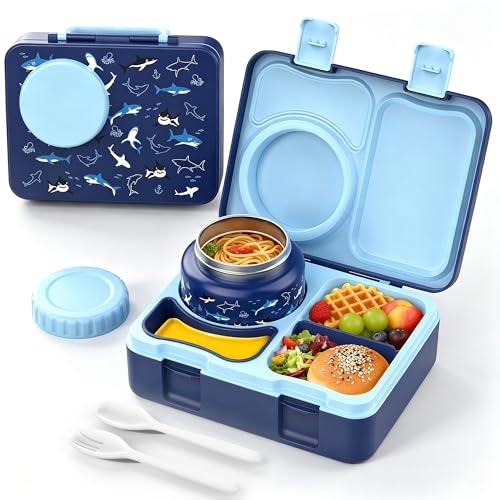 Kids Lunch Box with Thermo, Leakproof Bento Box for Kids with 8OZ Insulated Food Jar, Ice Pack, Sauce Cup, Utensils, Removable Tray & Dividers for School Daycare Travel (Sharks) - color: Sharks