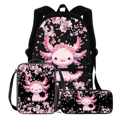 BIGCARJOB Kids Backpack Flower Axolotl School Bags for Girls 10-12 Book Bag 17 Inch Kids Children Schoolbag Large Bookbag with Lunch Box Pencil Case Set Pink Cherry Blossom Flower Axolotl Backpack Set - color: Axolotl Flower, size: One Size