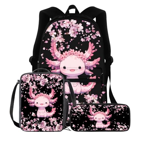 BIGCARJOB Kids Backpack Flower Axolotl School Bags for Girls 10-12 Book Bag 17 Inch Kids Children Schoolbag Large Bookbag with Lunch Box Pencil Case Set Pink Cherry Blossom Flower Axolotl Backpack Set - color: Axolotl Flower, size: One Size