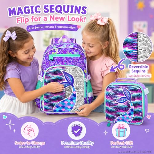 gxtvo 3PCS Girls Backpack, 16" Sequin Prechool Elementary Bookbag and Lunch Box - color: Reversible Sequins Fishtail Clip-on Backpack
