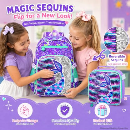 gxtvo 3PCS Girls Backpack, 16" Sequin Prechool Elementary Bookbag and Lunch Box - color: Reversible Sequins Fishtail Clip-on Backpack
