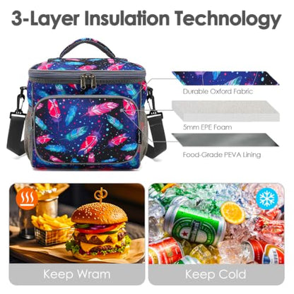 FlowFly Insulated Reusable Lunch Bag Adult Large Lunch Box for Women and Men with Adjustable Shoulder Strap,Front Zipper Pocket and Dual Large Mesh Side Pockets,Feather - color: Feather