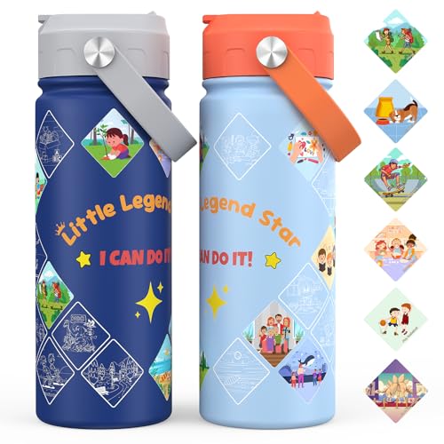 GoKEDA Kids Water Bottle with Stickers, 18oz Vacuum Double Insulated Cup with Straw, 316 Stainless Steel Bottles for School, Gift for Boy(2 Pack, Light Blue and Dark Blue) - color: Light Blue and Dark Blue