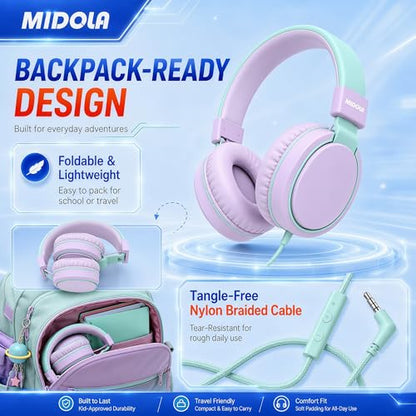 MIDOLA Kids Headphones for School Learning,Volume Limited 85/94dB, Foldable Lightweight Over-Ear Wired Headphones for Kids Toddler Girls Boys 3.5mm for Pad,Headsets with Built-in Mic Light Purple - color: LightPurple