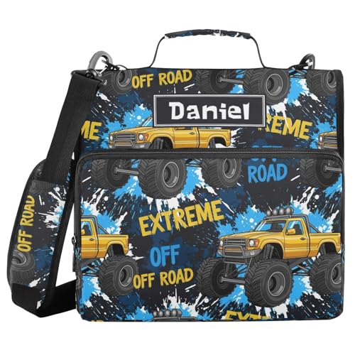 Custom Truck Black Blue Pattern 3 Ring Zipper Binder with Shoulder Strap & Handle 1.5 Inch D-Ring Zippered Bag with Multiple Pocket, Personalized Binder Organizer for School or Office - color: Truck Black Blue