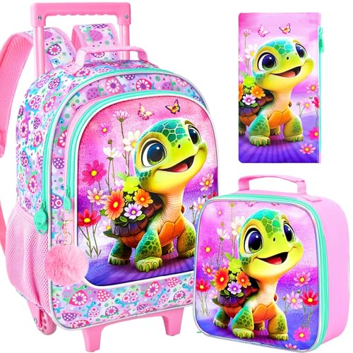 AGSDON 3PCS Kids Rolling Backpack, Girls Roller Wheels Bookbag, Wheeled Elementary School Bag with Lunch Bag - Turtle - color: Turtle Roller
