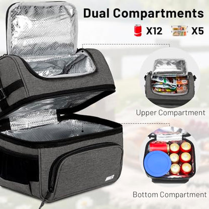 MIER Dual Compartment Lunch Bag Tote with Shoulder Strap for Men and Women Insulated Leakproof Cooler Bag, Grey - color: Gray