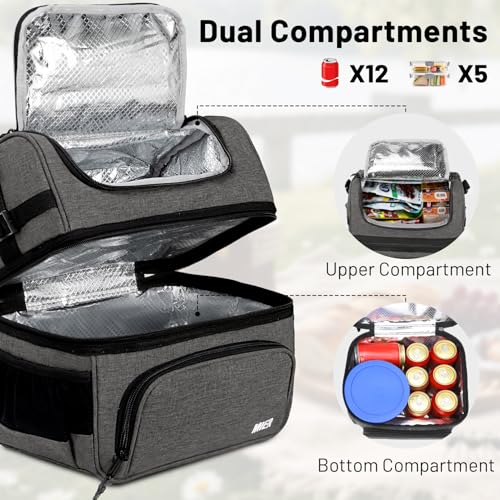 MIER Lunch Box for Men - Dual Compartment Adult Lunch Bag for Work, Grey | Leakproof & Insulated; Lunchbox Cooler Tote with Side Bottle Holder; Detachable Shoulder Strap with Pad; Multi-Pockets - color: Gray