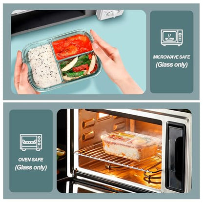 KOMUEE Glass Meal Prep Containers 3 Compartments, 5 Pack 36 oz, Glass Food Storage Containers with Lids, Airtight Lunch Bento Box, Portion Control, Freezer and Microwave Safe, White - color: White