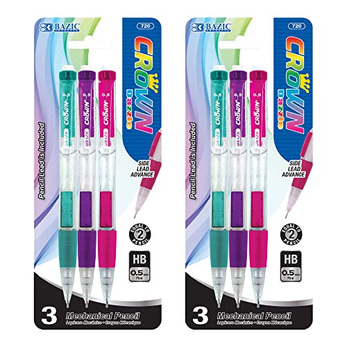 BAZIC PRODUCTS Crown Dazzle 0.5 mm Mechanical Pencils, HB Lead, 2-Pack | fine point, click-advance, refillable, Eraser under cap, fine writing, notes, tests - size: 2-Pack