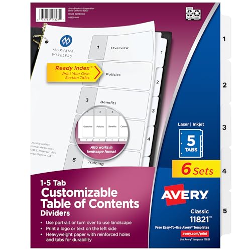 Avery Dividers for 3 Ring Binders, 5 Tabs per Set, Customizable Table of Contents, Classic White Tabs, Great for Organizing Reports, Projects, and More (6 Sets of 11821) - size: 0