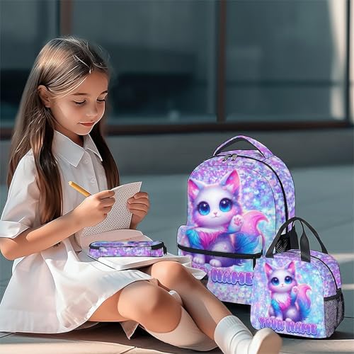 COZYAURA Cat Backpack for Girls Personalized with Name - 3-Piece School Bag Set with Insulated Lunch Box & Pencil Case for Kindergarten & Elementary Students - color: White