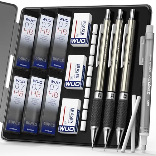 WUO 0.7mm Mechanical Pencil Set, 3PCS Metal Drafting Pencils with 360 HB Lead Refills, 1 Eraser Pen, 3PCS 4B Erasers, 12 Eraser Refills, Storage Case for Student Artist Writing, Drawing, Sketching