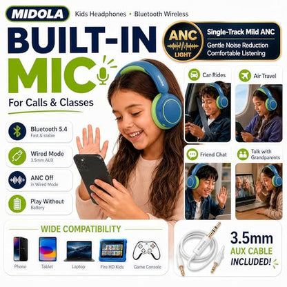 MIDOLA Kids Wireless Headphones Active Noise Cancelling Lightweight Bluetooth Headphone for Kid,Volume Limited 85/94dB Foldable Over-Ear Headset with Mic,68 Hours Playtime,for Toddler Child Green - color: Green