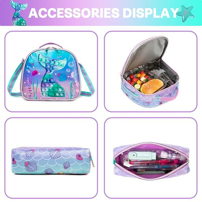 Backpack for Girls Elementary Preschool Kids Lunch Box for School - color: Mermaid Purple