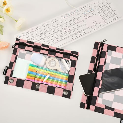 Lightpink Buffalo Plaid Binder Pouches 3 Ring for Boys Girls School Office College Supplies Black Chessboard Orchid Pink Pencil Pouches Case Bag with Clear Window and Zipper 2 Pack - color: Lightpink