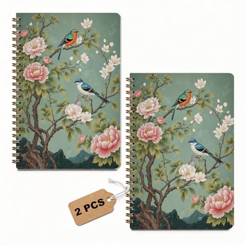 2 Pcs Bird Flower Spiral Notebook, Birds Gifts College Ruled Spiral Notebook, Flowers Themed Notebooks, 160 Ruled Pages Hardcover Journals for Writing Office, Bird Lover Gifts for Women Friend - color: Multicolour 0026