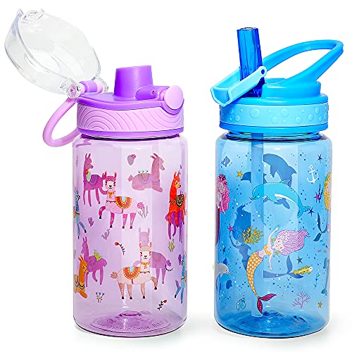 16oz Kids Water Drinking Bottle - Tritan BPA Free, Auto Flip Chug Lid, Sip Straw Lid, Carry Loop, Lightweight, Leak-Proof, Cute Design For Girls & Boys - 2 Pack Mermaid & Llama - color: Mermaid & Llama