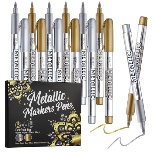 12 Pack Metallic Markers Pens, Water Based Silver & Gold Paint Pens, Gold & Silver Ink Pen with Durable Fine Point Tip for Black Paper, Rock Painting, Halloween Card Making, Multi Surface Art Crafts - color: 12 Colors