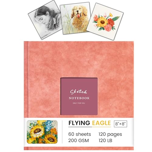 FLYING EAGLE Sketchbook for Drawing 8 x 8 Hardcover Sketch Book, 200GSM Thick Paper, Square Art Drawing Book with 3 DIY Cards Mixed Media Watercolor Paper Gift for Women Adults Artist, Pink - color: Pink 1, size: 8"x 8"