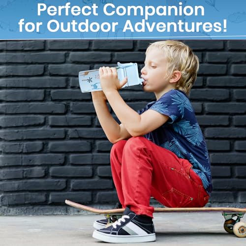 Lexlion Water Bottle 14 Oz, Triple Walled Insulated Stainless Steel Odor & Strain Resistant Reusable Bottle, 1 straw Lid, Leakproof, Metal Mug Gallon, BPA Free, Blue Zoo - color: Blue, size: 14 Ounces