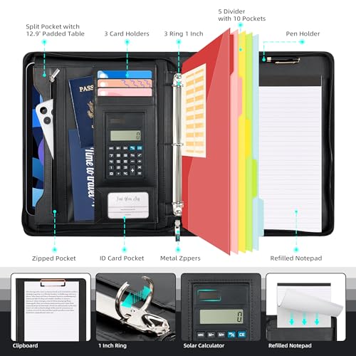Ospelelf Zippered Padfolio Portfolio Folder, Leather Clipboard with Storage, 3 Ring Binder 1 Inch,12.1” Tablet Sleeve, 5 Dividers with Pocket, Refillable Notepad, Card Slot (Classic Black) - color: Black-1