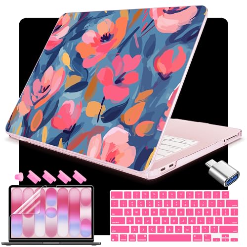 Teryeefi for MacBook Neo 13 inch Case 2026 Model A3404 (A18 Pro Chip), Hard Shell & Keyboard Cover & Type C Adapter, Anti-Scratch Slim Fit Protective Hard Shell Cover - Pink Abstract Flower - color: Abstract Pink Flower