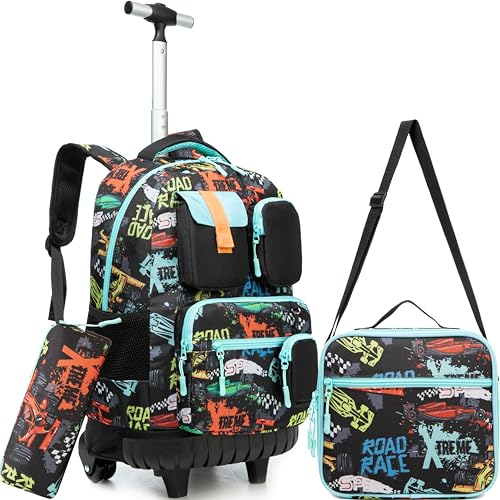 Meetbelify Rolling Backpack for Girls Boys Backpacks with Wheels Kids Carry on Luggage for Girls Boys - color: Boy Black