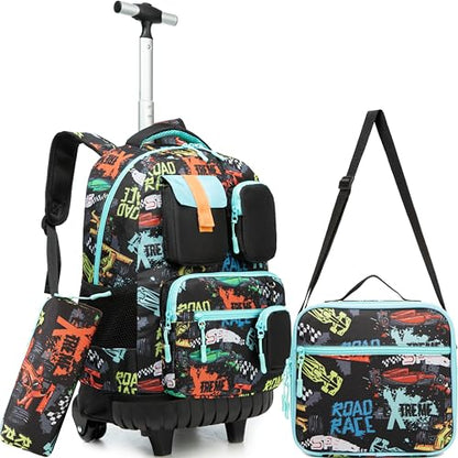 Meetbelify Rolling Backpack for Girls Boys Backpacks with Wheels Kids Carry on Luggage for Girls Boys - color: Boy Black