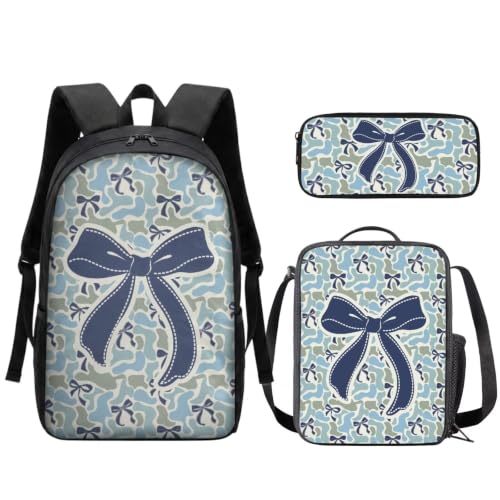 Blue Bow Camo School Backpack Set 3Pcs with Lunch Box 17 Inch | 17 Inch Kids Backpack, Thermal Lunch Bag, Pencil Case, Lightweight, Cute Pattern, Perfect for Elementary Middle School - color: Blue Bow Camo