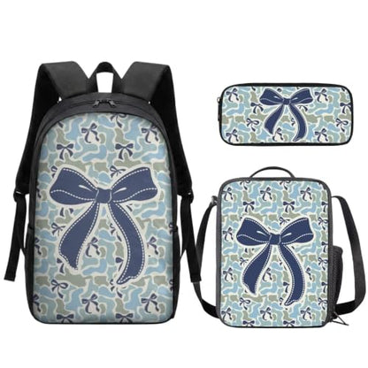 Blue Bow Camo School Backpack Set 3Pcs with Lunch Box 17 Inch | 17 Inch Kids Backpack, Thermal Lunch Bag, Pencil Case, Lightweight, Cute Pattern, Perfect for Elementary Middle School - color: Blue Bow Camo