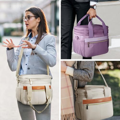 TOURIT Insulated Lunch Box Bag, Double Deck Leakproof Cooler Tote for Work Office Picnic, Expandable Lunch Container, Picnic - color: Beige