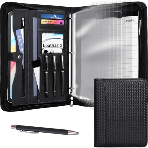 Leathario Portfolio Binder, Padfolio Organizer, 3 Ring Binder with Zipper | Includes Pen and 10 Sheet Protectors, Fits 13 in Tablet, Vegan Leather, for Business Resume Office Professional Men and Women - color: Black-bz