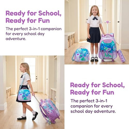 Kids Rolling Backpack for Girls Mermaid Trolley Suitcases Luggage with Wheels Bookbag Wheeled 3pcs on Lunch Box Pencil Case Preschool Students Elementary Teenagers Pink for Girls Age 5-12 - color: Pink-0130-wanjuywb