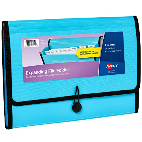 Avery Expanding File Folder Organizer, 7-Pocket Accordion File Organizer, Aqua, Holds 425 Letter/A4-Size Sheets (73551) - color: Aqua, size: 7 Pockets
