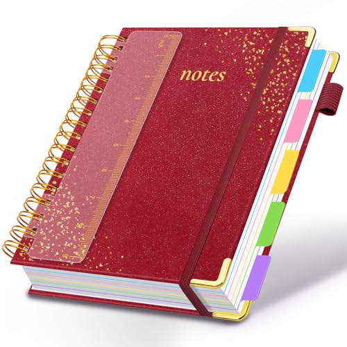 Hardcover Spiral Notebook with Removable Dividers & Tabs, 8"x10" 5 Subject Notebooks for Work, 300 Pages College Ruled Notebook, B5 Sparkle Lined Journal for Women Girls Note-Taking (Wine Red) - color: Wine Red, size: 8''x 10''
