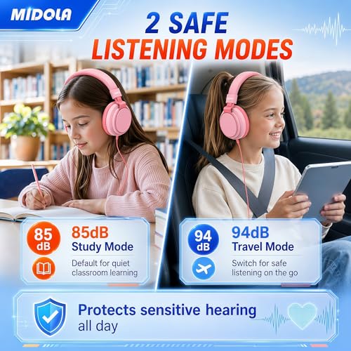 MIDOLA Kids Headphones for School Learning,Volume Limited 85/94dB, Foldable Lightweight Over-Ear Wired Headphones for Kids Toddler Girls Boys 3.5mm for Pad,Headsets with Built-in Mic Pink - color: Pink