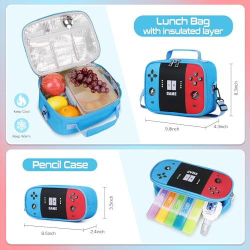 Jafeton Rolling Backpack for Boys, 3 PCS Gamer Boy Backpack Set with Lunch Box & Pencil Pouch, Roller Wheels School bag for Boys Kids Teens, Elementary Middle School, Kids Bookbag Casual Daypack - color: Red Blue